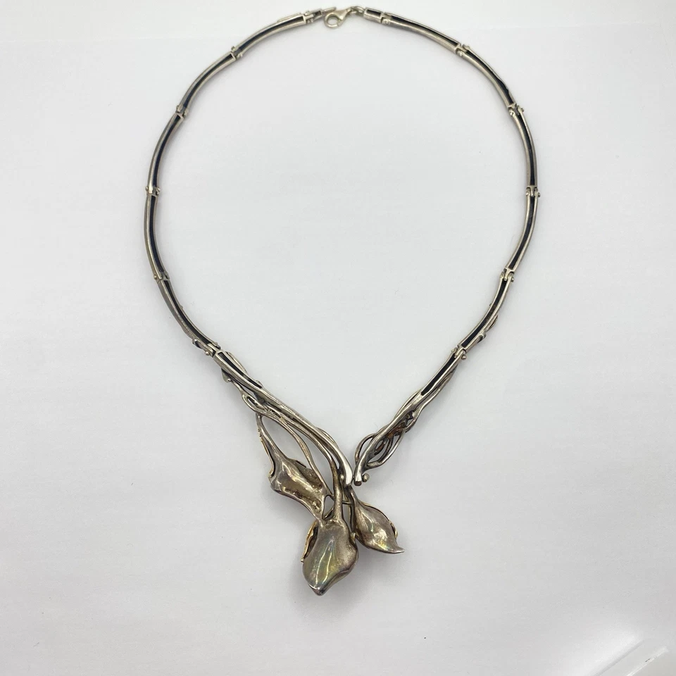 Hagit Gorali H Isreal 925 Sterling Silver 14k Gold Pearl Calla Lily Necklace 16" - Image 4 of 4