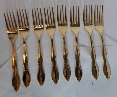 Gold Tone Customcraft  (8) Dinner Forks 7'' ~ Stainless Japan Flatware