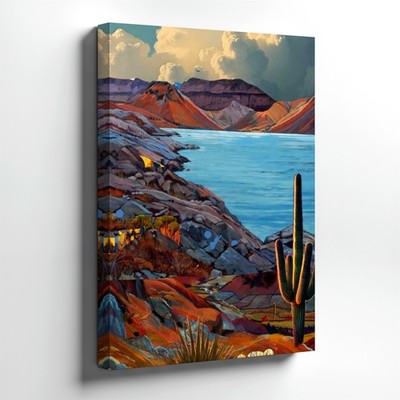 Wall Art Desert Lake Landscape Print Cactus Mountain Cloudy Sky Poster Decor