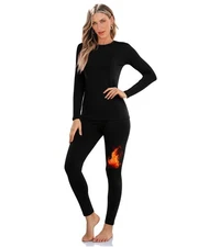 Womens Thermal Long Johns Set, Fleece Lined, Winter Base Layer, Black M