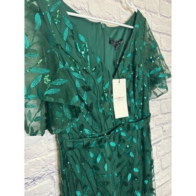 Ever Pretty Green Sequin Formal Maxi Prom Dress Short Flutter Sleeve NWT SZ 8/LG