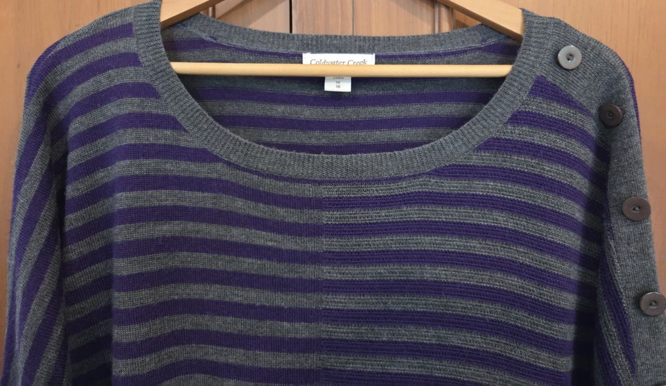 Suéter Pullover Coldwater Creek Mujer Gris/Púrpura Rayas Lana Merino Talla 1X Foto 4 de 4