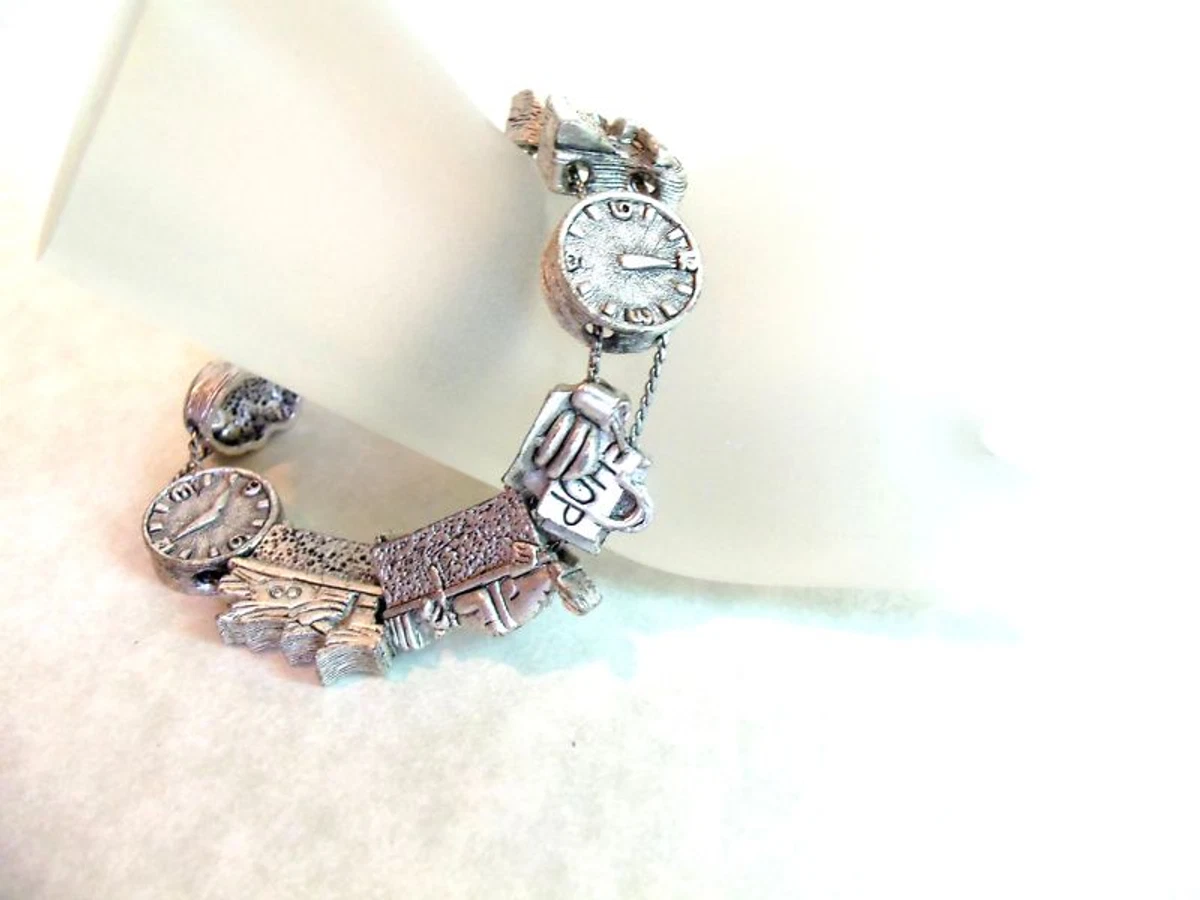 Vintage Secretary Charm Slide Bracelet Phone Clock