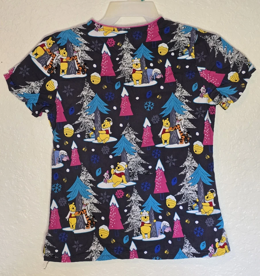 Disney Winnie The Pooh Winter Christmas Nurse Dental Scrub Top Women’s Size XS - Image 4 of 4