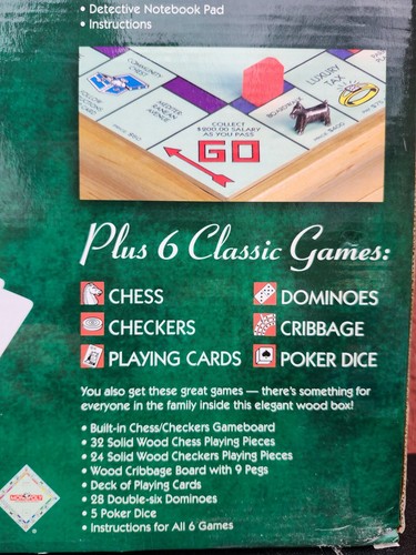 Deluxe Wood Cabinet Monopoly + Clue, Cribbage, Chess, Checkers, Dominoes NEW - Picture 4 of 5