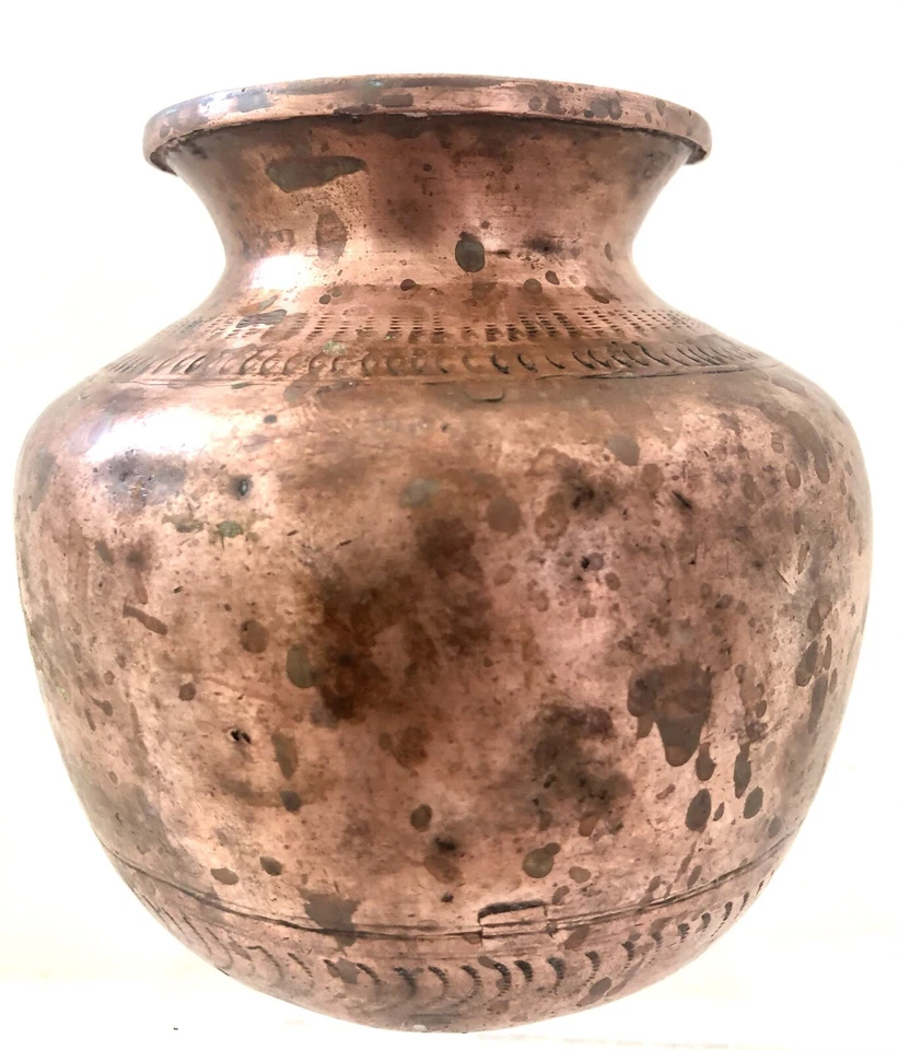 Olla antigua de metal de cobre de la India Lota Kalash del sur de la India hecha a mano Foto 4 de 4