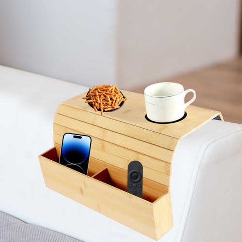 Sofa Arm Tray Bamboo Couch Arm Tray with Basket Foldable Armrest Tray wesHZ - Picture 14 of 22