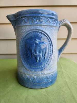 80 Ounce Blue & White Stoneware Pitcher with Cows by Hull Pottery