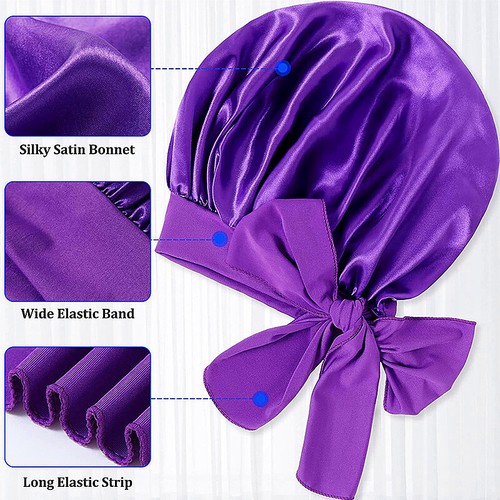 Women Long Hair Care Satin Bonnet Night Sleep Hat Cap Silk feel with 2 strips - Picture 7 of 22