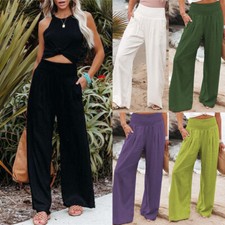 Fashion Trousers Elasticated Wide Leg Cotton Linen Waist Bottoms Long Pants