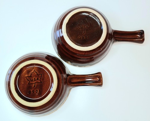 Set of 2 Monmouth Pottery Handle Soup Bowls Brown Drip Glaze Maple Leaf USA 0901 - Picture 4 of 4