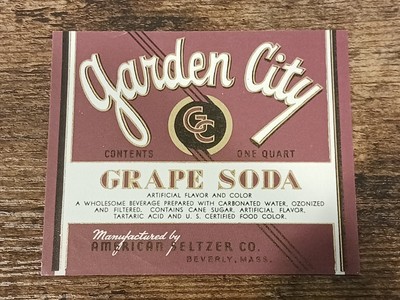 Rare Original Garden City Grape Soda Label Beverly Mass. American Seltzer Co.