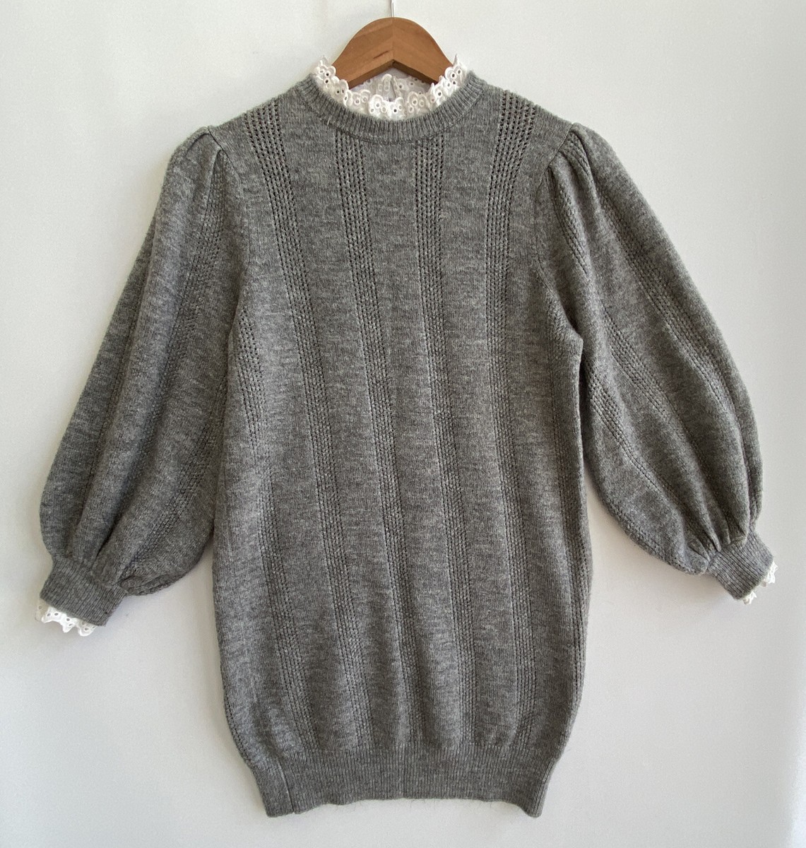 ASOS Gray Knit Sweater or Dress White Eyelet Trim Puff Sleeve Size US XS  UK - Main Image