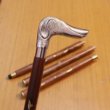 Shiny Brass Great Dog Head Handle Antique Brown Wooden Walking Stick Cane Gift