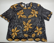 Stenay Black Gold Floral Beaded Sequined Vintage Silk Blouse Glam Womens Small