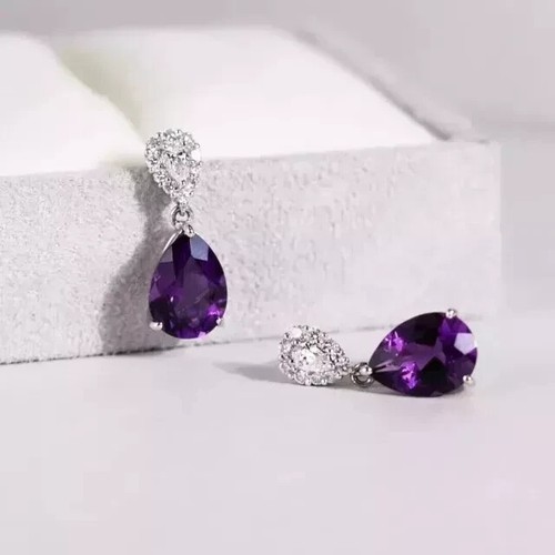3.00Ct Pear Cut Lab-Created Amethyst Drop Dangle Earrings 14K White Gold Plated - Picture 4 of 9