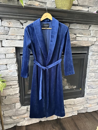 Sz Small Velvet Long Duster Open Cardigan Belted Lined Blue Coat Jacket