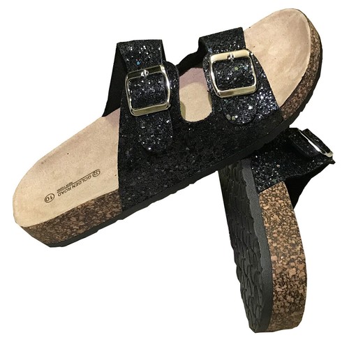 Women Buckle Sandals Shoes Flip Flops Beach Slipper Black Glitter 8 - Picture 2 of 3