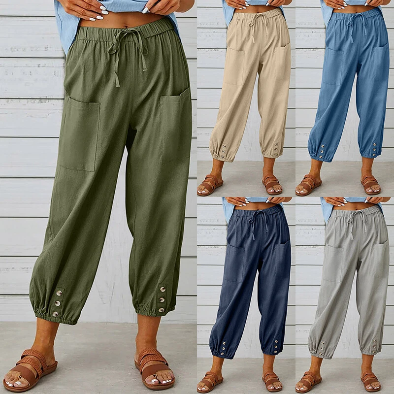 Women Baggy Loose Long Pants Cotton Linen Wide Leg Trousers Straight Pant  Casual