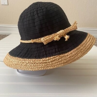 Scala Women's Boho Beachy Black Tan Adjustable Sun Hat Vacation Beach  Pool