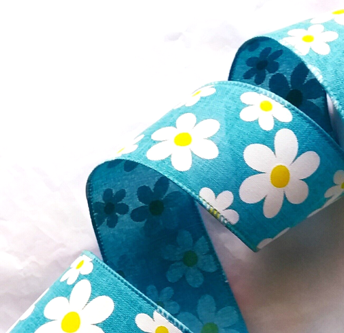 White Daisies on Blue Canvas 2.5" by 2 yards Wired Ribbon Spring Summer Floral - Picture 2 of 4
