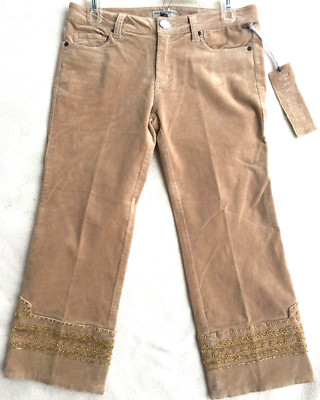 Max Studio Pants MX11522 Tan Camel Embellished Corduroy Cropped Capris Women's 4