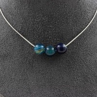 Steine Und MinéRaux. Halskette 3 Perlen Achat Phylum Blau 8 Mm Kette Stahl I