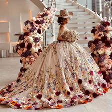 Champagne Flowers Ball Gown Quinceanera Dresses Floral Appliques Lace Corset