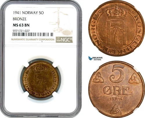 AH720, Norway, Haakon VII, 5 Øre 1941, Bronze, NGC MS63BN