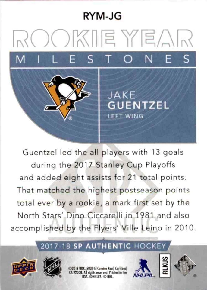 2017-18 Upper Deck SP Authentic Rookie Year Milestones Jake Guentzel #RYM-JG - Image 2 of 2