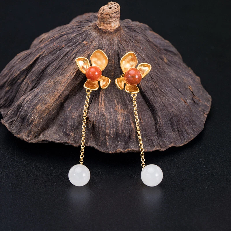 I04 Orecchini Fiore con Rosso Agata Sfera Di Bianca Giada Argento 925 Dorato - Immagine 2 di 4