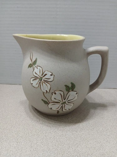 Pigeon Forge Pottery Pitcher Dogwood Brown  yellow Glaze Inside 5" Handle signed