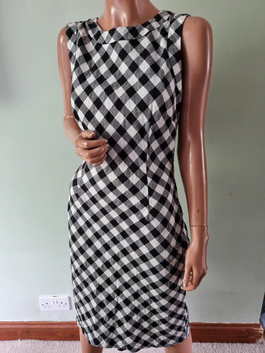 Hobbs 10 Monochrome Gingham Check Cotton Linen Summer Dress Tie