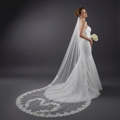 Cathedral Length ivory veil1Tier Sequins Lace applique Wedding Veil With Comb  - Image 1 of 4