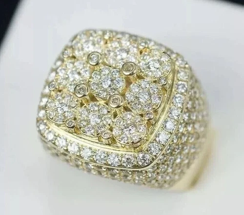 Round Cut Moissanite Diamond Cluster Ring Gift For Men's 14K Yellow Gold Plated