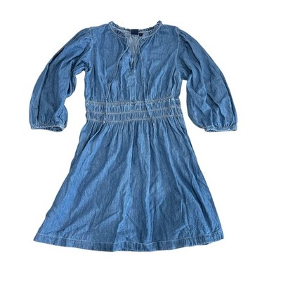 GAP Denim Puff Mini Dress Fit and Flare V-Neck Blue Size Large Cotton