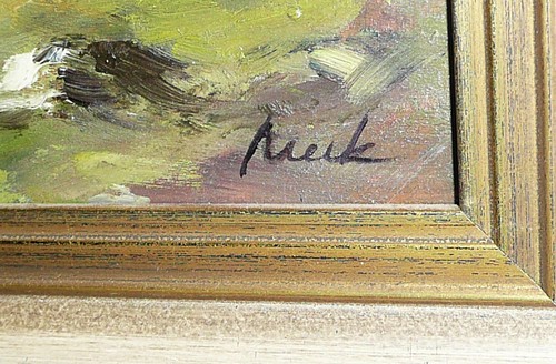 kleines Gemälde Landschaft,Voralpen, Öl auf Platte,sig."Meik", Holzrahmen, 30 cm - Picture 3 of 4