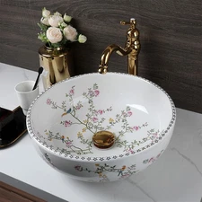 Ceramic Bathroom Vessel Sink Basin Wash Bowl with Faucet Pop Drain Combo Set