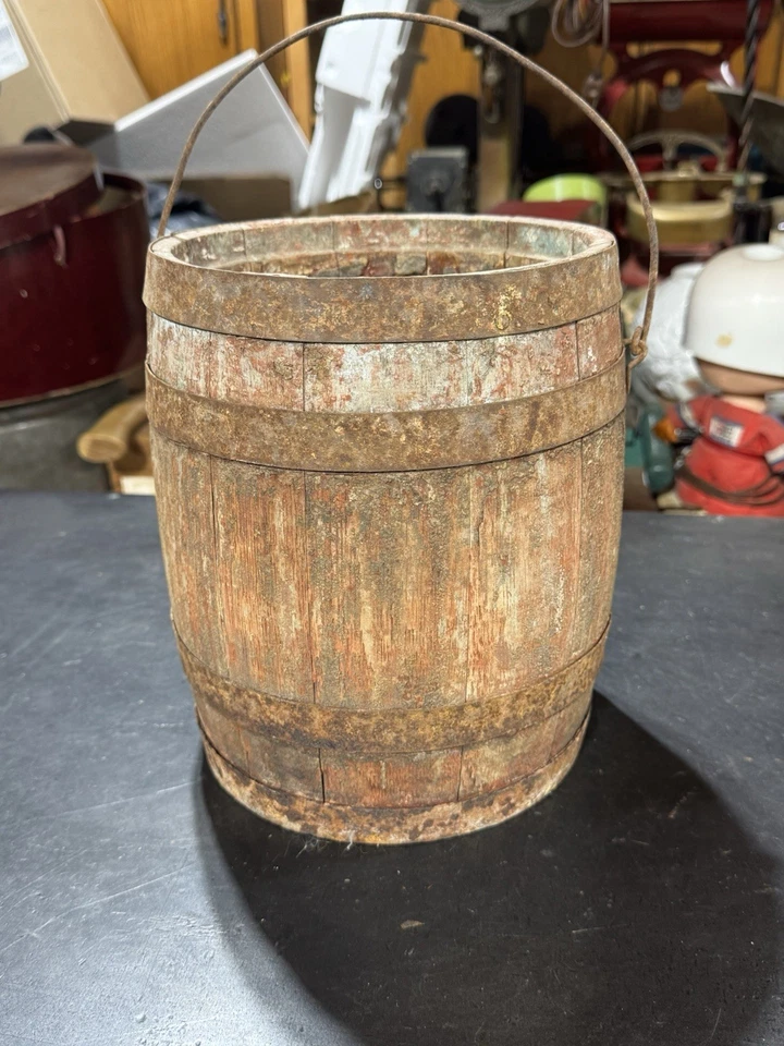 Rare Vintage Antique Lg Size 10" Wooden Wood Paint Pail Barrel Bucket - Image 4 of 4