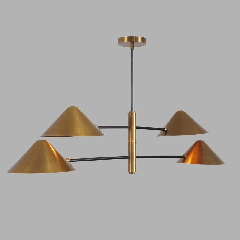 Handmade Linear Brass Four Shade Raw Brass Ceiling Pendant Chandelier Light Fixt - Image 4 of 4