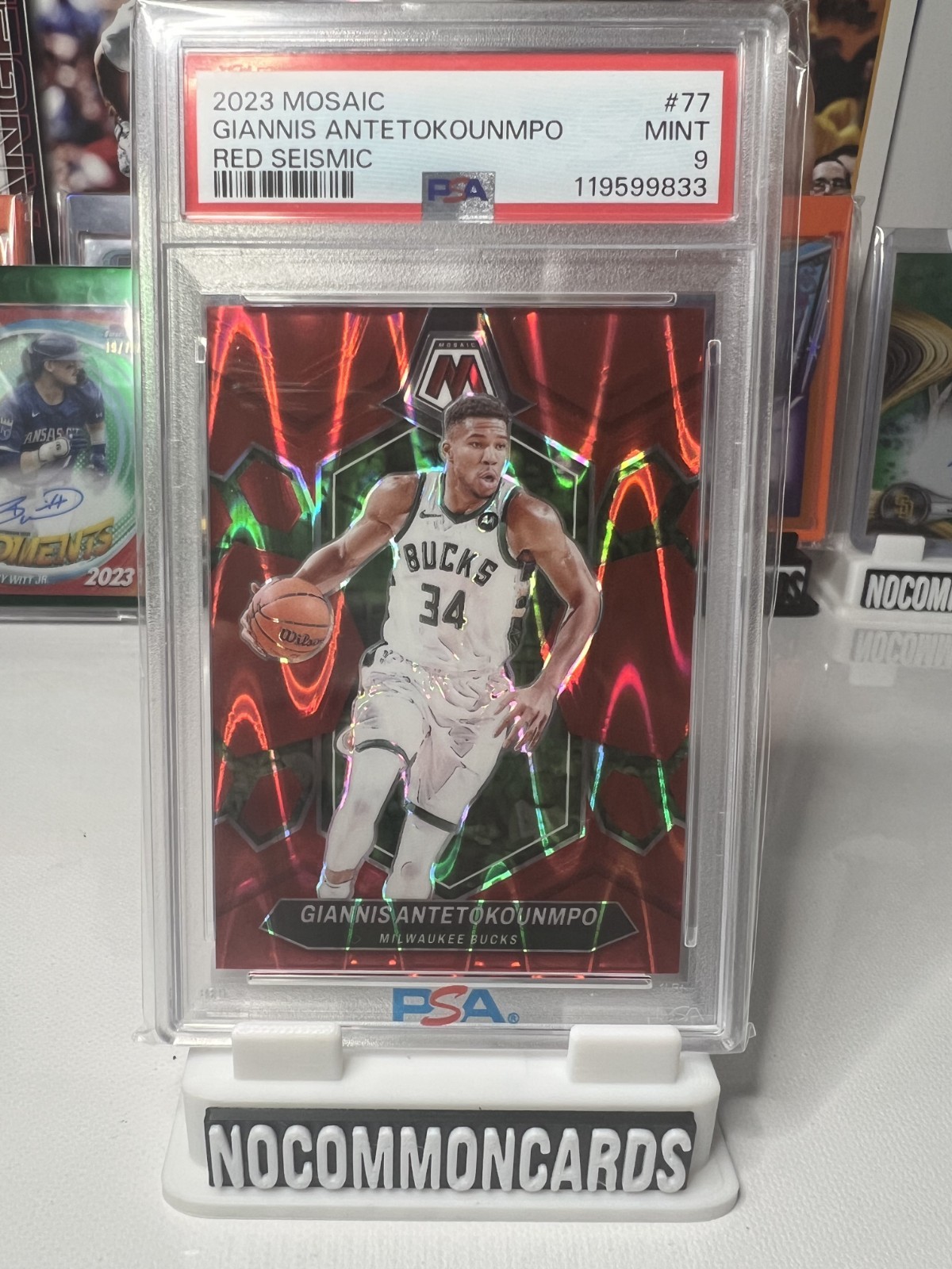 2023 Panini Mosaic #77 Giannis Antetokounmpo Red Seismic Prizm /299 PSA Mint 9