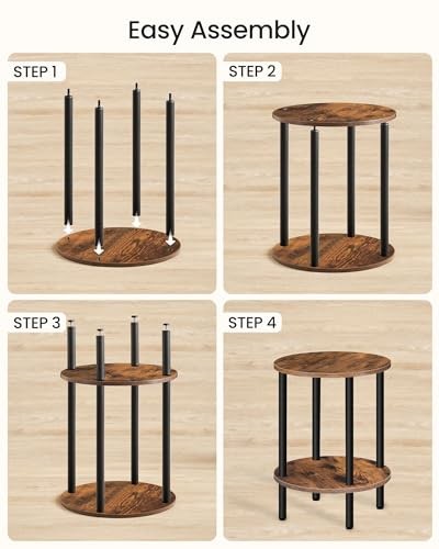 Round Side Table, 2-Tier End Table, Small Round 1 Rustic Brown + Black