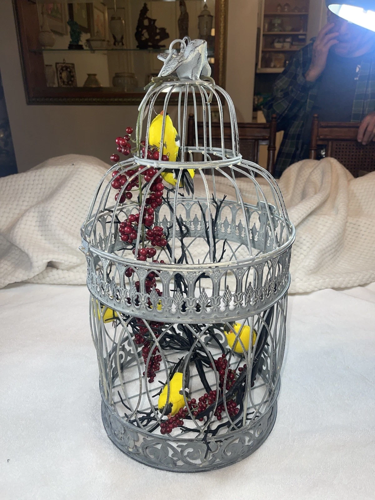 GORGEOUS HAND MADE BIRD CAGE WITH 8 BEAUTIFUL COLORED TROPICAL BIRDS & BERRIES