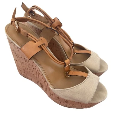 Coach Linden Gold Natural Canvas Open Toe Wedge Sandal Women’s 7.5 B - Image 1 of 4