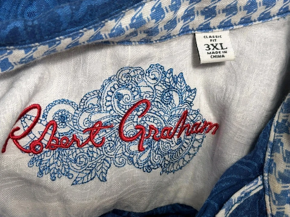 Camisa Robert Graham Azul Real Paisley Cuello Abotonado Para Hombre Talla 3XL Lino Foto 3 de 4