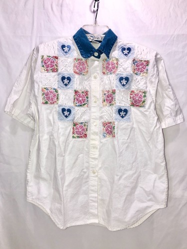 Vintage Jane Ashley Button Up Short Sleeve Embroidered Floral Shirt Sz M Hearts - 第 1/8 張圖片