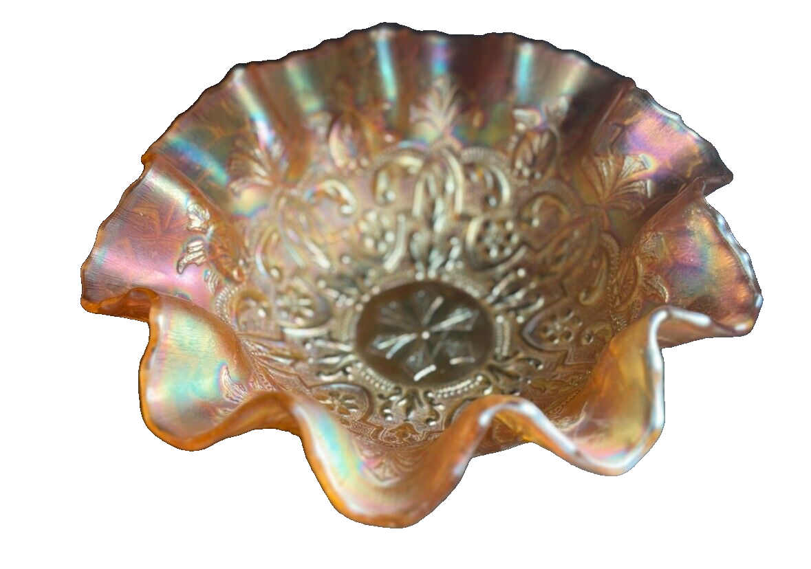 c. 1910 GARDEN PATH VAR Dugan LT PEACH OPAL / SODA GOLD Ext. 10” W Ruffled Bowl