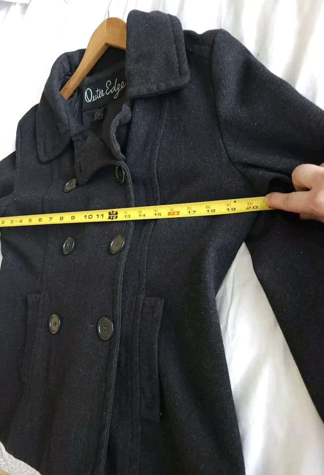 Outer Edge Hooded Pea Jacket BLACK GRAY Double Breasted Pockets Lined Size Large - Image 4 of 4