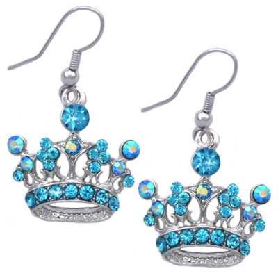 Aqua Blue Princess Crown Tiara Dangle Charm Hook Earrings Girl