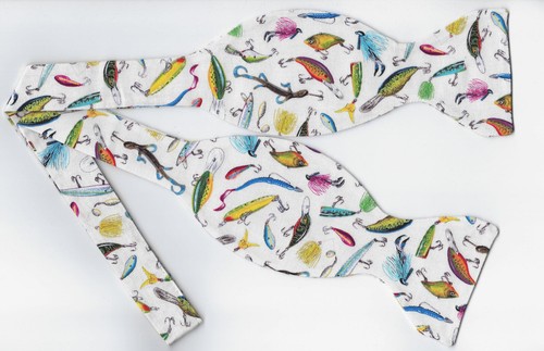 Fishing Bow tie, Colorful Lures on White, Flies, Bait, Tackle, Self-tie Bow tie - Picture 5 of 5